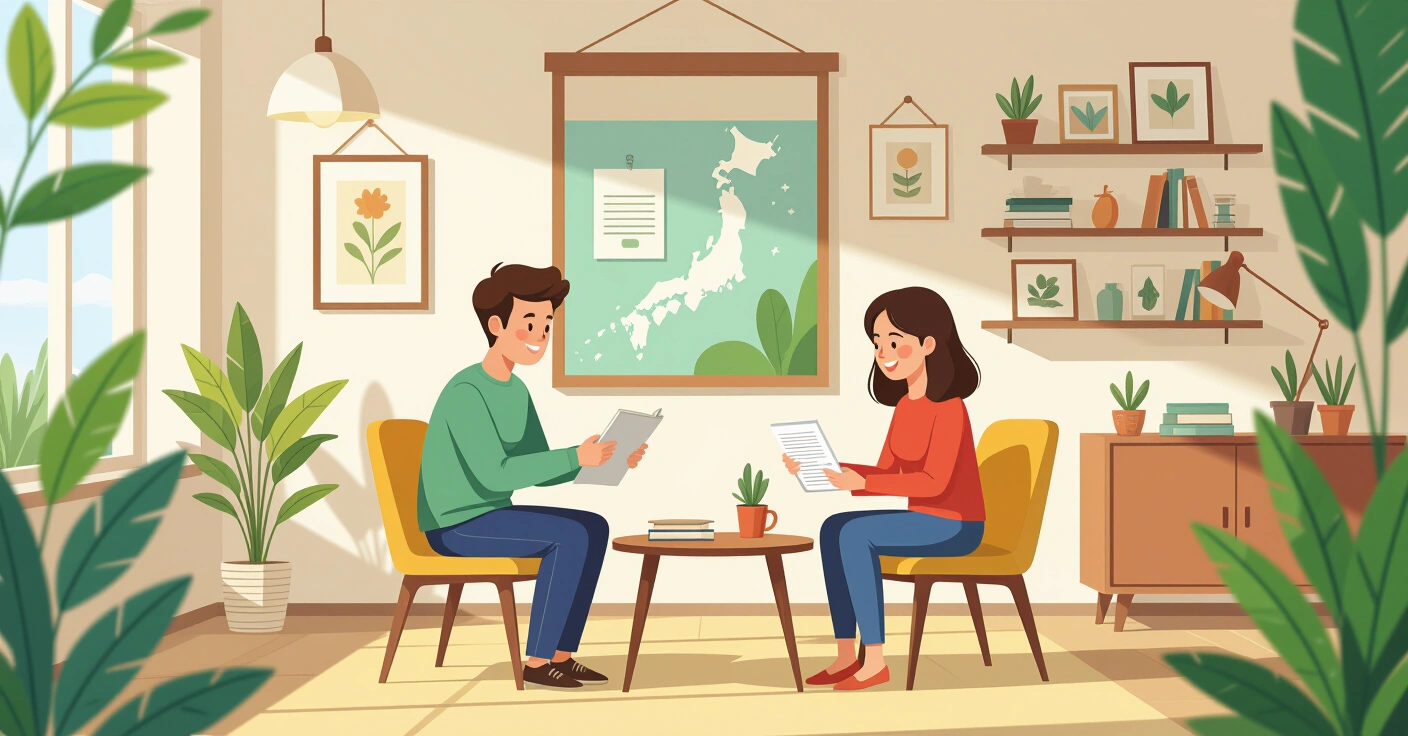 Minh họa gia đình đa văn hóa ngồi tại bàn tư vấn pháp lý trong văn phòng hiện đại tại Nhật Bản
