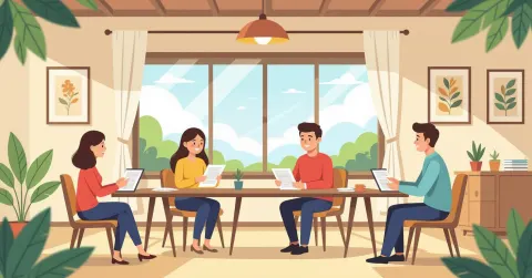 Cha mẹ nước ngoài làm việc trên laptop trong phòng khách Nhật Bản bên cạnh cũi trẻ em