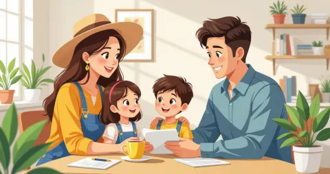 Minh họa gia đình đa văn hóa Nhật-Việt thảo luận vai trò giới tính trong phòng khách hiện đại