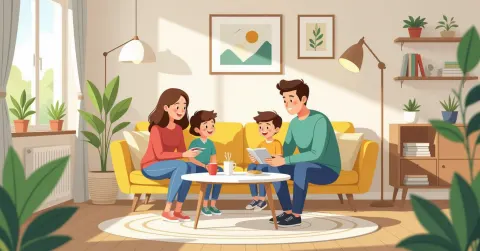 Minh họa gia đình đa văn hóa đang trò chuyện trong phòng khách kiểu Nhật