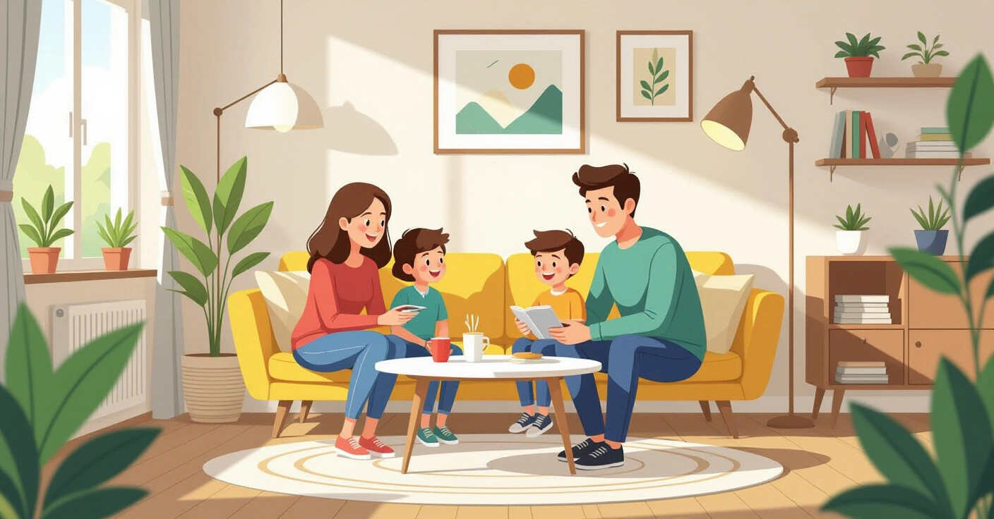 Minh họa gia đình đa văn hóa đang trò chuyện trong phòng khách kiểu Nhật