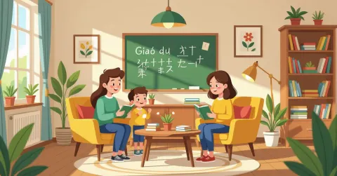 Gia đình đa văn hóa cùng nhau chắp tay nói itadakimasu trong bếp Nhật hiện đại