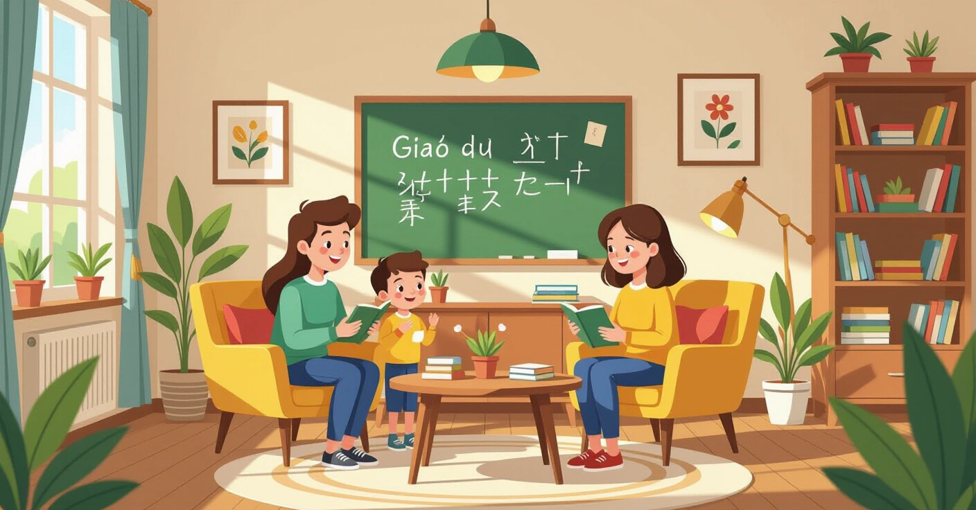 Gia đình đa văn hóa cùng nhau chắp tay nói itadakimasu trong bếp Nhật hiện đại