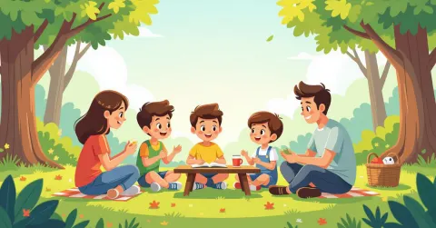 Trẻ em đa văn hóa tham gia hoạt động nhóm trong lớp học Nhật Bản theo phong cách minh họa editorial hiện đại