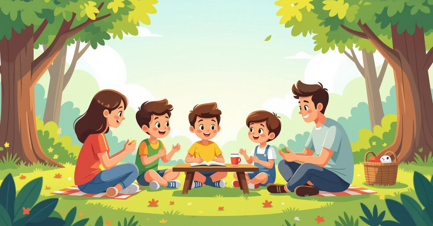 Trẻ em đa văn hóa tham gia hoạt động nhóm trong lớp học Nhật Bản theo phong cách minh họa editorial hiện đại