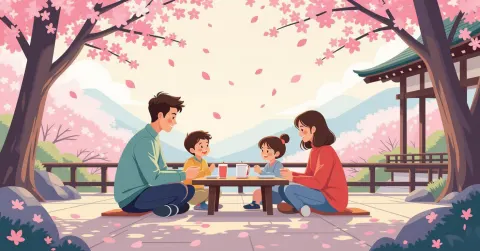 Gia đình đa văn hóa dã ngoại dưới tán hoa anh đào Nhật Bản