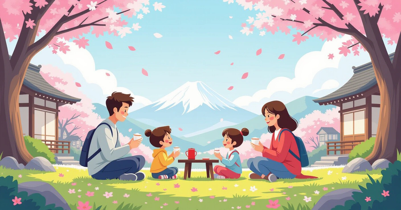 Gia đình đa văn hóa dã ngoại dưới tán hoa anh đào nở rộ trong công viên Nhật Bản