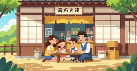 Cổng trường hoikuen tại Nhật Bản với hoa anh đào và trẻ em đang chơi