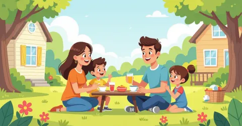 Trẻ em vui vẻ thưởng thức các món ăn vặt lành mạnh như trái cây và sữa chua trong căn bếp sáng sừa tại Nhật Bản