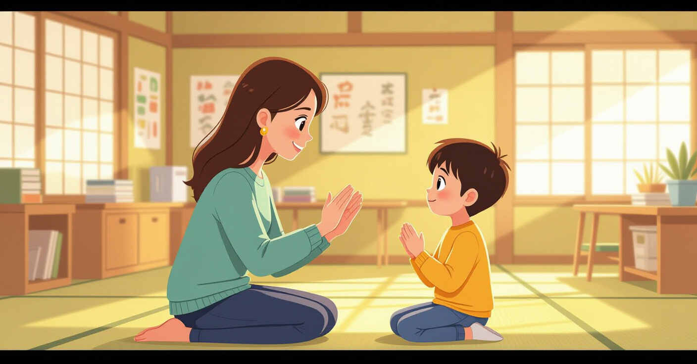 Giáo viên sử dụng ngôn ngữ ký hiệu với trẻ em trong lớp học Nhật Bản