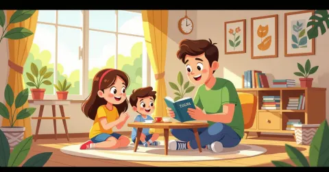Cha mẹ an ủi trẻ đang sợ hãi trong căn hộ Nhật Bản ấm cúng