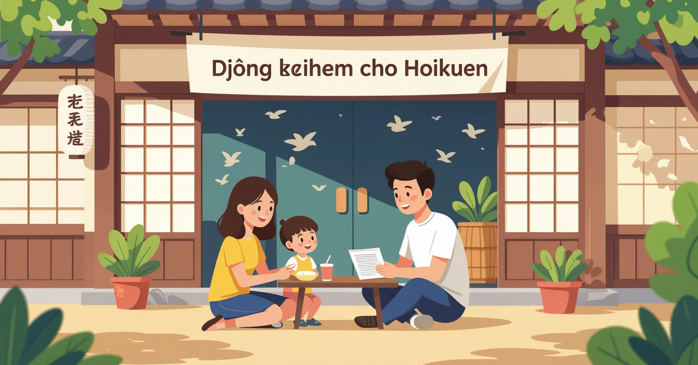 Phụ huynh người nước ngoài đọc tài liệu bảo hiểm trong phòng khách Nhật Bản hiện đại, trẻ con chơi gần đó