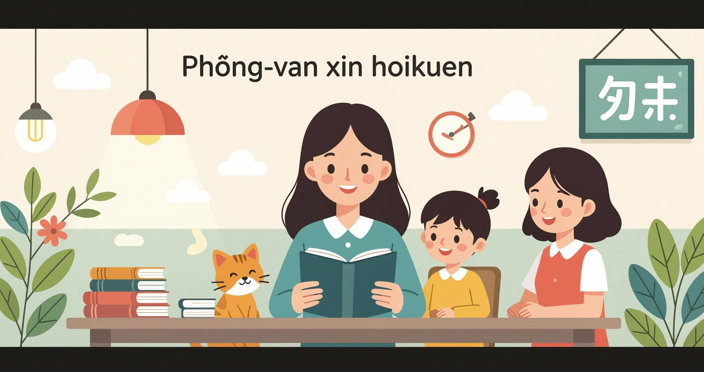 Phụ huynh và trẻ gặp gỡ giáo viên hoikuen trong buổi phỏng vấn