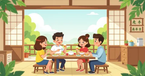 Minh họa phụ huynh đưa trẻ đến hoikuen vào buổi sáng sớm tại Nhật Bản