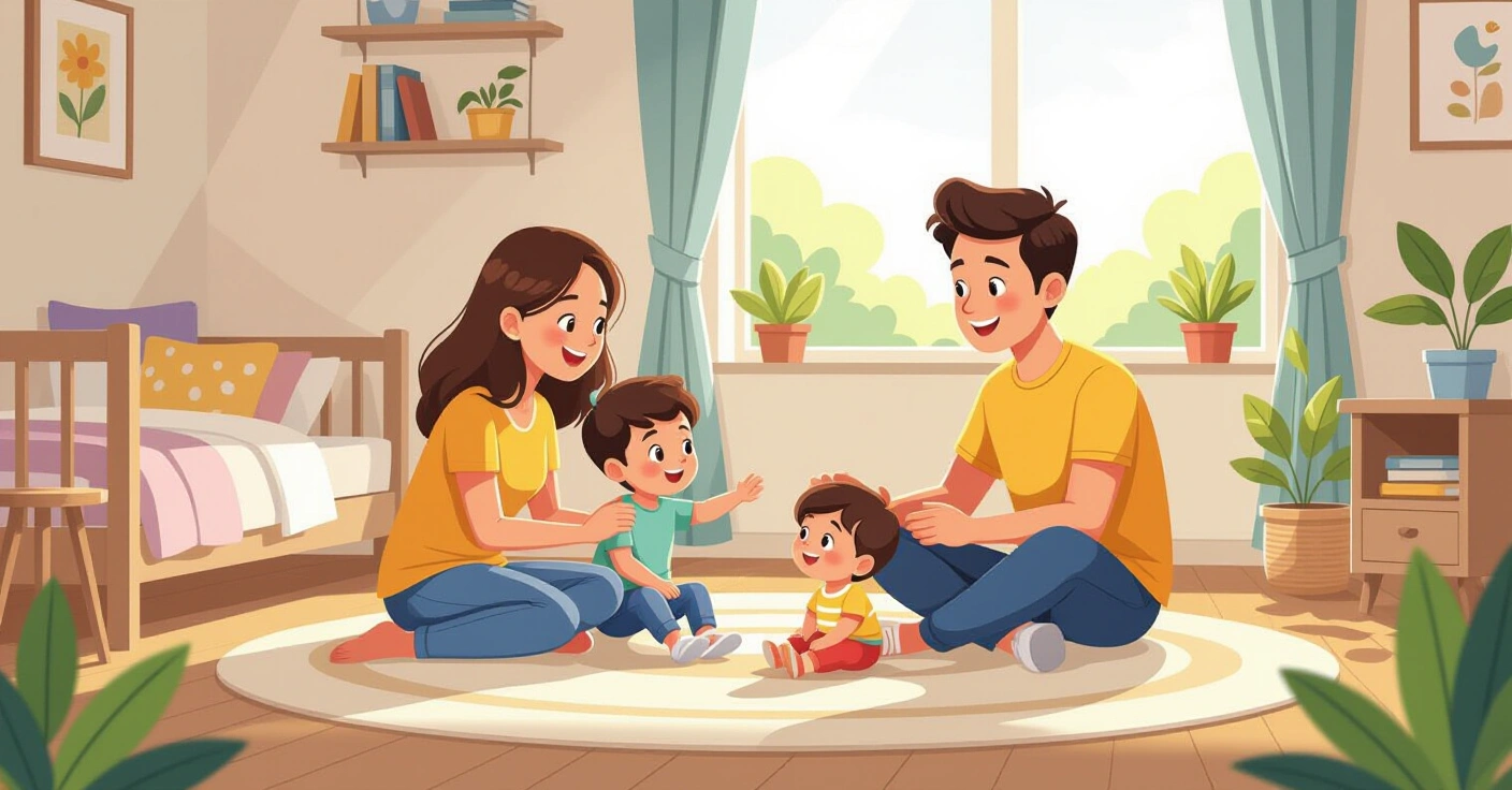 Cha mẹ đa văn hóa quan sát bé tập bò trong phòng khách Nhật Bản sáng sủả có sàn tatami và rào chắn an toàn