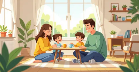 Minh họa cặp vợ chồng đa văn hóa cùng nấu ăn trong bếp hiện đại tại Nhật Bản, con cái phụ giúp xung quanh