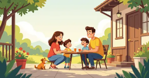 Gia đình đa văn hóa với trẻ nhỏ đứng trước căn hộ hiện đại tại Nhật Bản, phong cách minh họa editorial sáng sủn