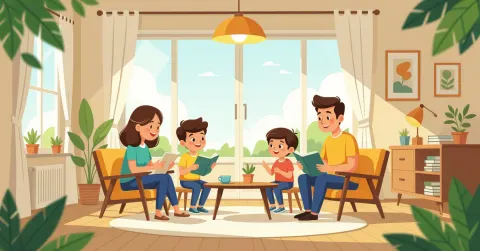 Mẹ quan sát con chơi trong phòng khách Nhật Bản sáng sủaa, minh họa phong cách vector phẳng hiện đạii