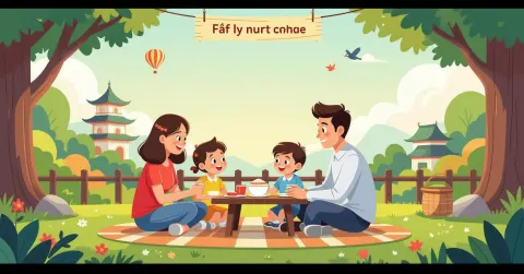 Minh họa gia đình đa văn hóa cùng con đọc tài liệu pháp lý trong ngôi nhà hiện đại tại Nhật Bản