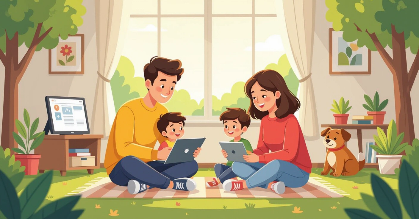 Phụ huynh và trẻ em cùng sử dụng máy tính bảng trong phòng khách hiện đại tại Nhật Bản, với biểu tượng bảo vệ an toàn xung quanh