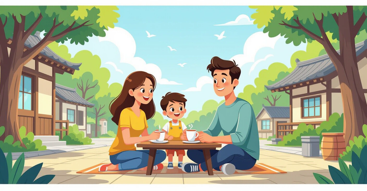 Cặp vợ chồng đa văn hóa đang đọc giấy tờ pháp lý cho em bé sơ sinh trong phòng khách Nhật Bản hiện đại