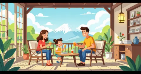 Bà mẹ Việt Nam đang học tiếng Nhật tại nhà cùng con đọc sách song ngữ trong căn hộ hiện đại tại Nhật Bản