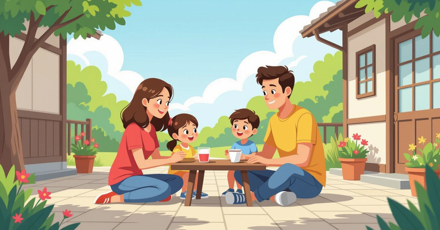 Gia đình đa văn hóa chào hỏi hàng xóm người Nhật trước cửa nhà ở khu dân cư yên tĩnh