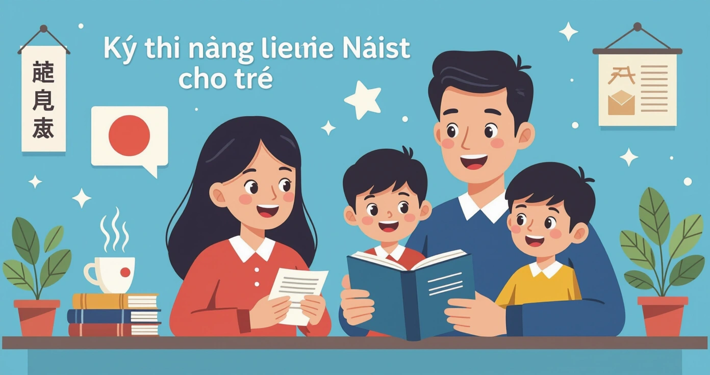 Cha mẹ đang hướng dẫn con làm bài tập tiếng Nhật tại bàn học ở nhà
