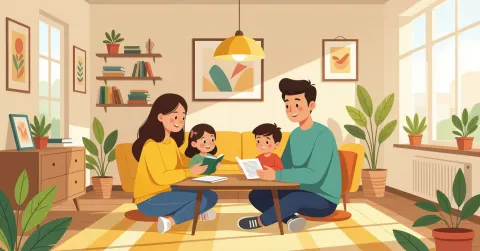 Phụ huynh Việt đang hướng dẫn con học tiếng Nhật tại căn hộ kiểu Nhật với sách vở và bảng hiragana