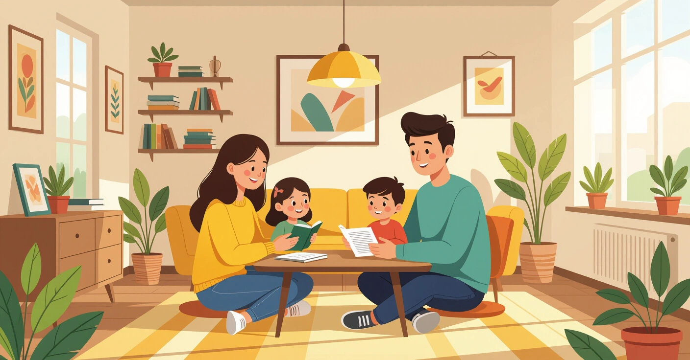 Gia đình đa văn hóa Việt-Nhật đang trò chuyện và đọc sách cùng nhau trong phòng khách ấm cúng