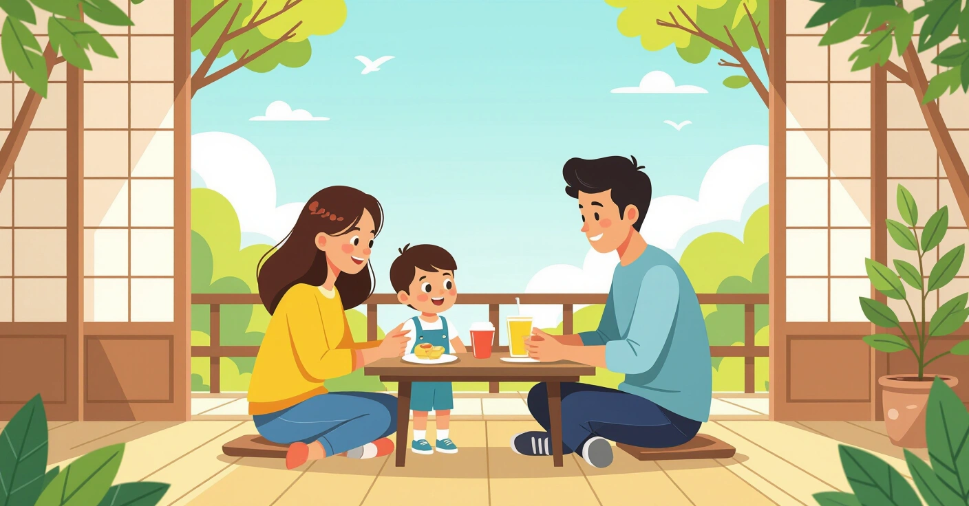 Minh họa gia đình đa văn hóa cho trẻ ăn dặm trong căn bếp Nhật Bản hiện đại