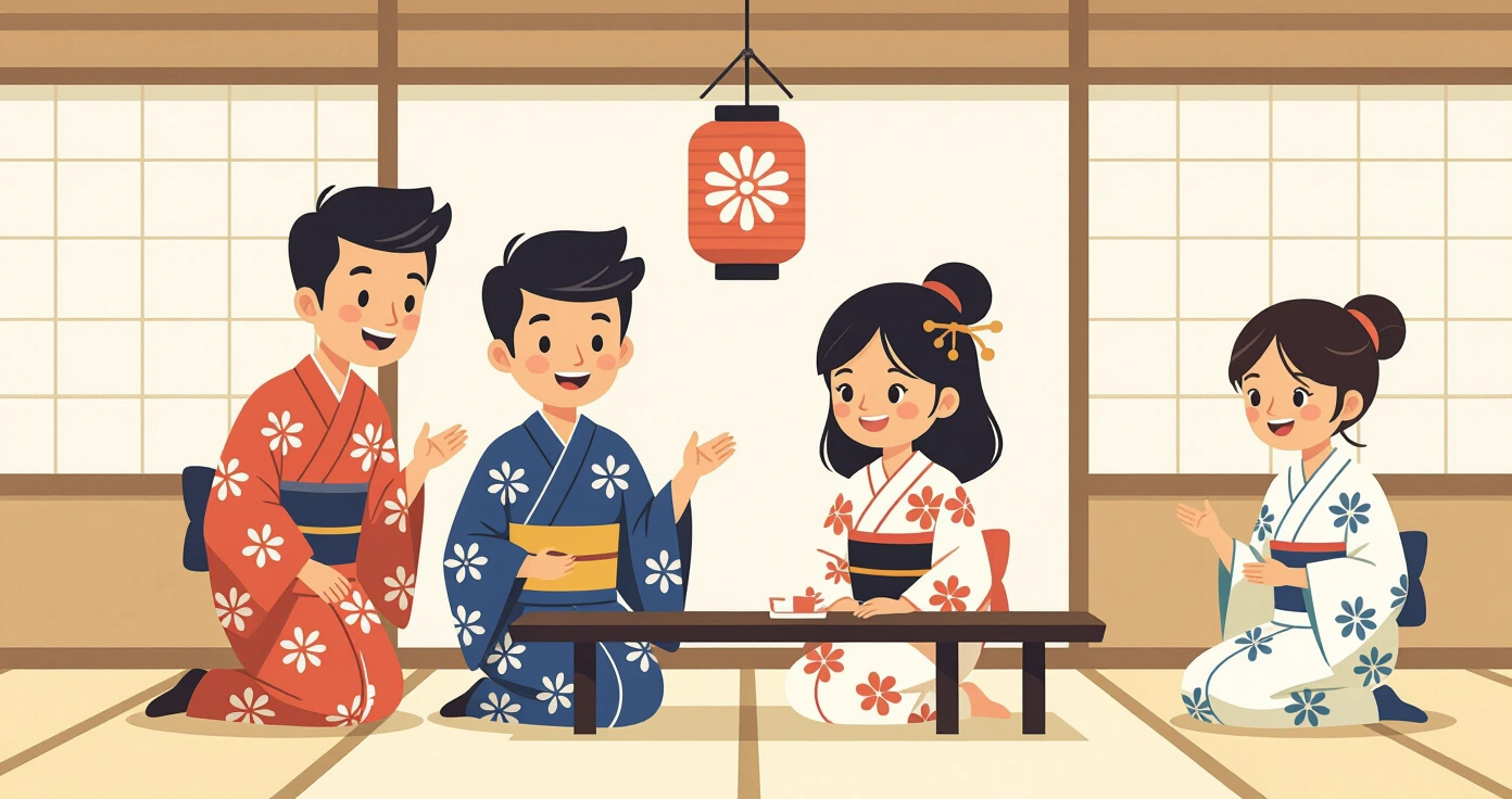 Cha mẹ đang hỗ trợ bé mặc yukata tại nhà với obi dán tiện lợi