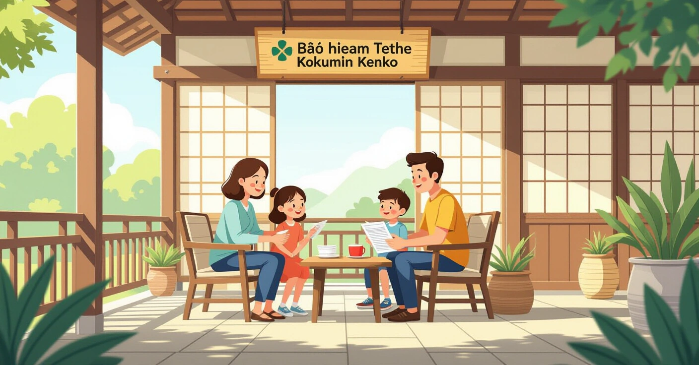 Phụ huynh nước ngoài cầm thẻ bảo hiểm y tế quốc dân Nhật Bản tại văn phòng hành chính địa phương
