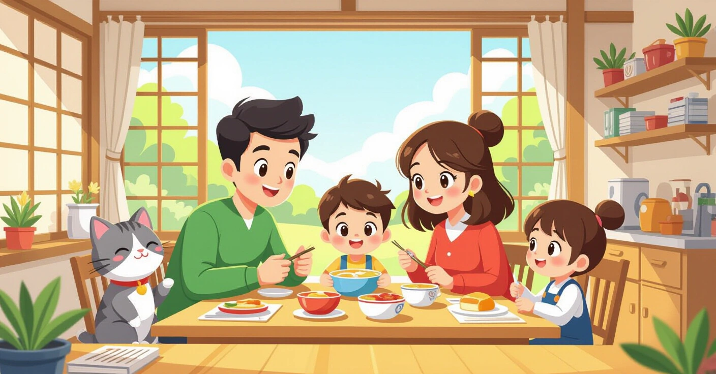 Phụ huynh đang trang trí hộp cơm kyaraben hình nhân vật hoạt hình dễ thương trong bếp Nhật Bản