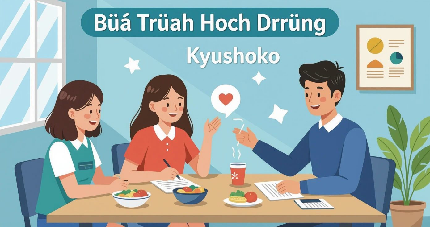 Phụ huynh nước ngoài trao đổi với giáo viên Nhật Bản về chế độ ăn của con tại văn phòng trường học