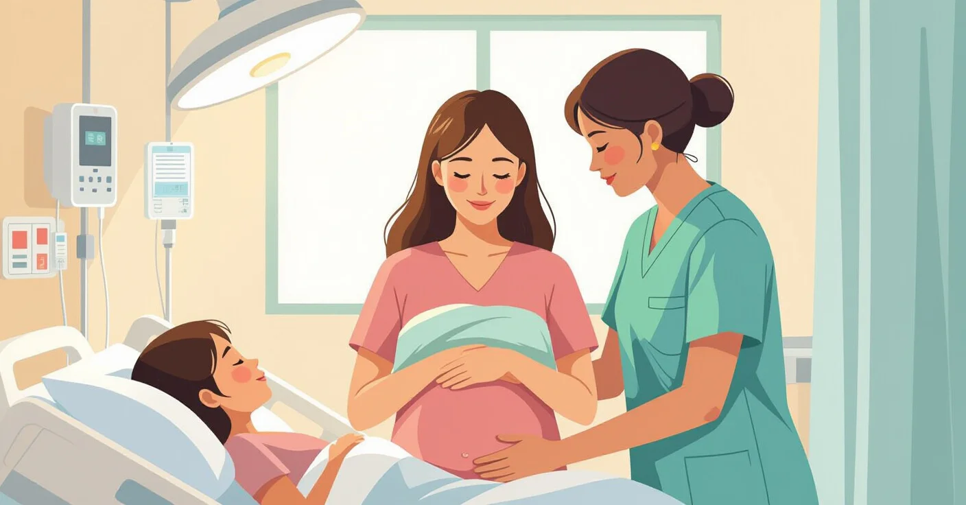 Minh họa sản phụ được hộ sinh hỗ trợ trong phòng sinh tại bệnh viện Nhật Bản