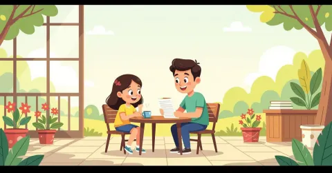 Minh họa ngườ mẹ Việt Nam đọc sách cùng con trong phòng khách kiểu Nhật, ánh sáng ấm áp