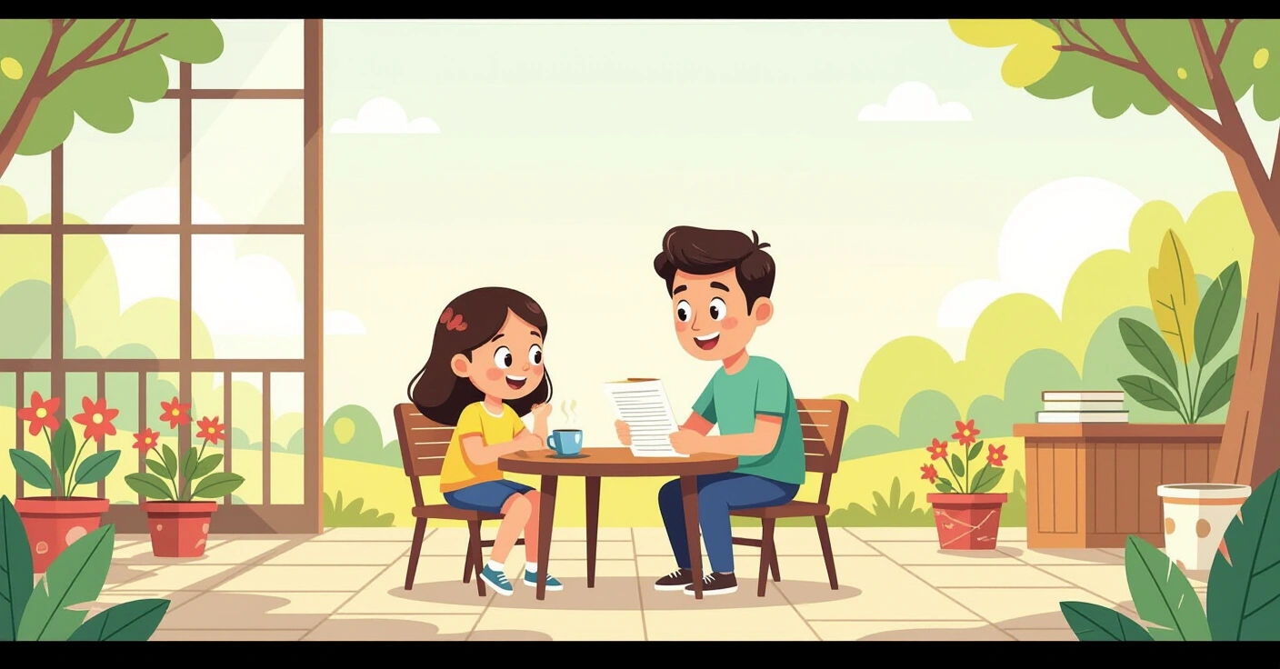 Minh họa ngườ mẹ Việt Nam đọc sách cùng con trong phòng khách kiểu Nhật, ánh sáng ấm áp