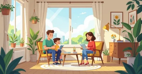 Minh họa người mẹ nước ngoài ngồi bên cửa sổ trong căn hộ Nhật Bản, ánh đèn thành phố bên ngoài