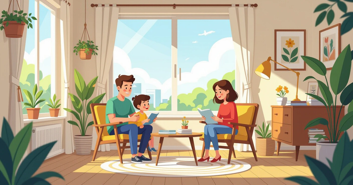 Minh họa biên tập về nước mẹ Việt Nam đang xem xét giấy tờ trường học Nhật Bản với vẻ mặt trầm tư, phong cách minh họa hiện đại phẳng