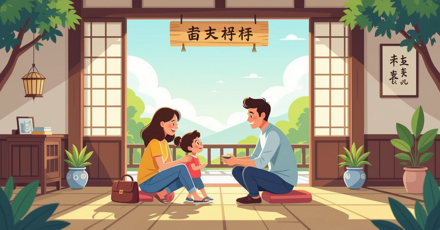 Cha mẹ người Việt đang xem hộ chiếu và giấy tờ của con tại bàn làm việc ở Nhật Bản