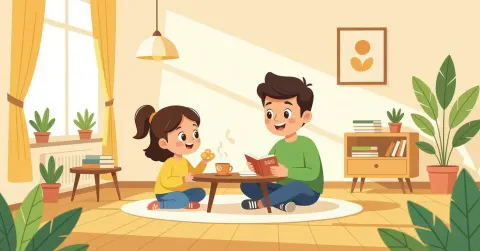 Cha mẹ lắng nghe con nhỏ trong phòng khách Nhật Bản, thể hiện sự thấu hiểu và kiên nhẫn