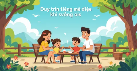 Gia đình Việt-Nhật đọc sách cùng con trong phòng khách hiện đại tại Nhật
