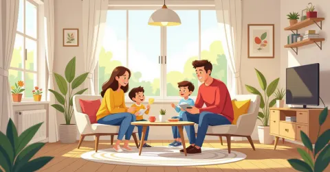 Cặp vợ chồng đa văn hóa ngồi trên tatami với em bé ngủ say trong phòng sáng ấm áp