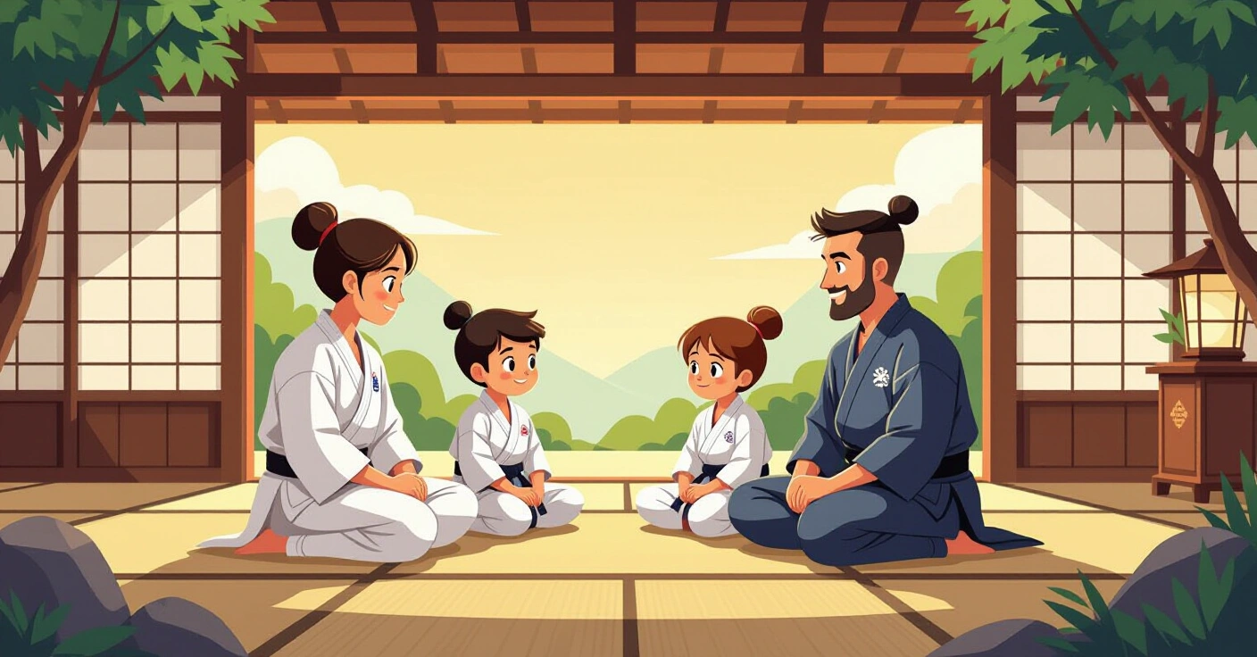Trẻ em tập võ thuật Nhật Bản trong phòng tập tatami sáng sủa