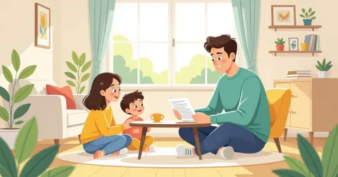 Cha mẹ nước ngoài đưa con khuyết tật đi khám bệnh tại bệnh viện Nhật Bản, minh họa phong cách vector phẳng hiện đại