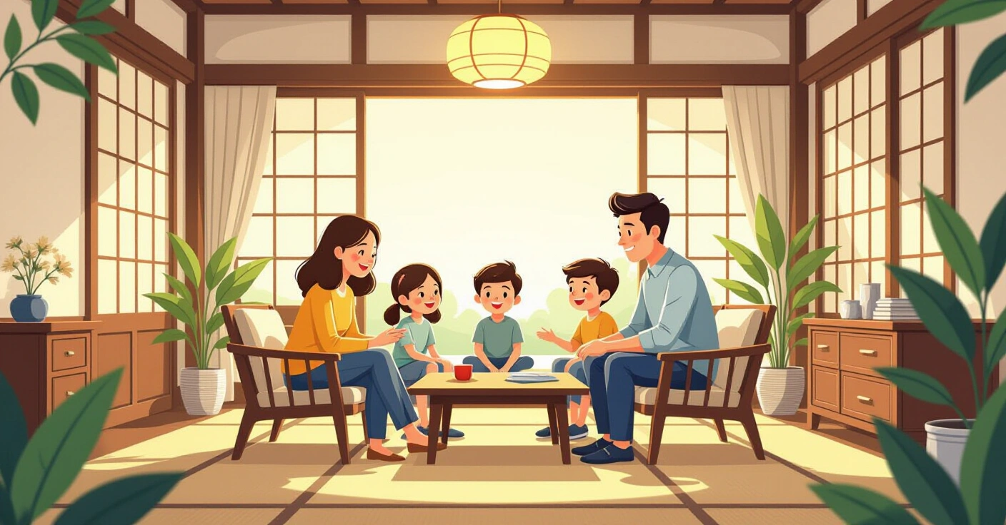Cha mẹ nước ngoài thực hành thiền trong phòng khách kiểu Nhật với ánh sáng tự nhiên chiếu qua shoji, con cái chơi yên lặng bên cạnh