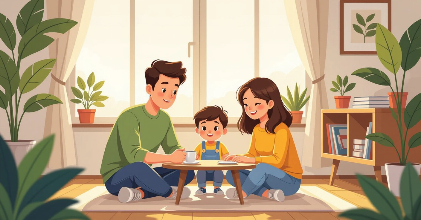 Gia đình nước ngoài đang chào hỏi hàng xóm Nhật trước cửa chung cư hiện đại