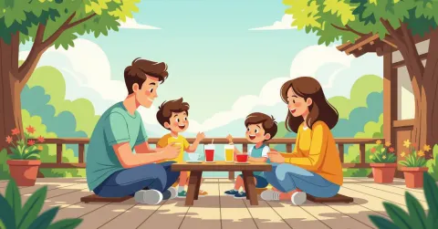 Cha mẹ nước ngoài ôm con trong căn hộ Nhật Bản, ánh sáng ấm áp chiếu qua cửa sổ