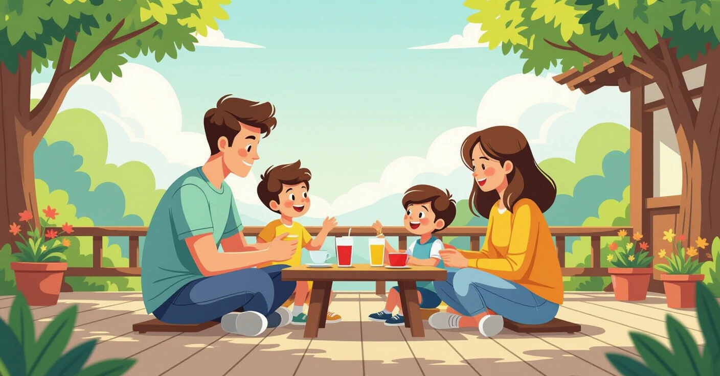 Cha mẹ nước ngoài ôm con trong căn hộ Nhật Bản, ánh sáng ấm áp chiếu qua cửa sổ